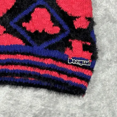 Desigual Sweater Women Small Pink Black Fuzzy Fleur de Lis Casual Colorful Artsy