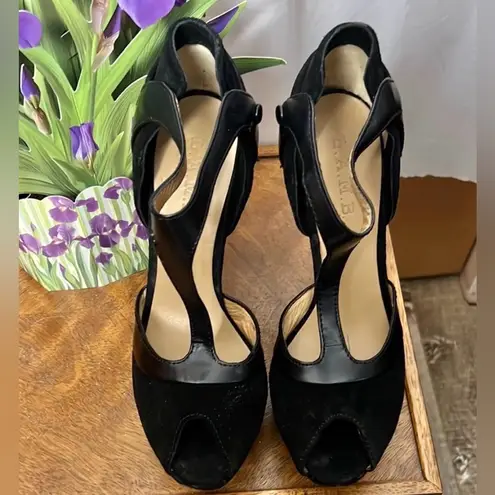 L.A.M.B. Elegant Black T Strap Suede/Leather Peep Toe Pumps Size 7.5