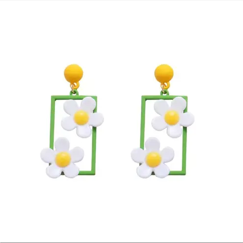 Daisy Hollow Acrylic Rectangle Embellished With Two  Flowers Dangle‎ Earrings