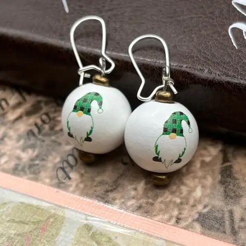 Handmade Holiday Gnome Earrings – Green Plaid Christmas Dangle – Stainless Steel Hooks