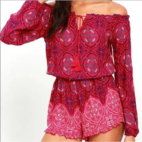 O'Neill  Womens S Nashville Red‎ Print Off Shoulder Romper Boho Red Pink Summer thumbnail 1