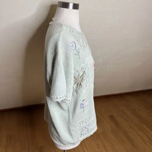 Vintage Short Sleeve Sweater Womens Large Mint Green Floral Crochet Patchwork