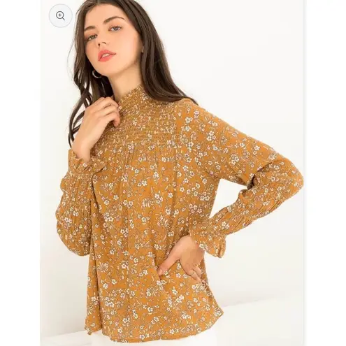 THML Mustard Smocked Floral Blouse Ruffle Sleeve Boho Chic Top Size Medium