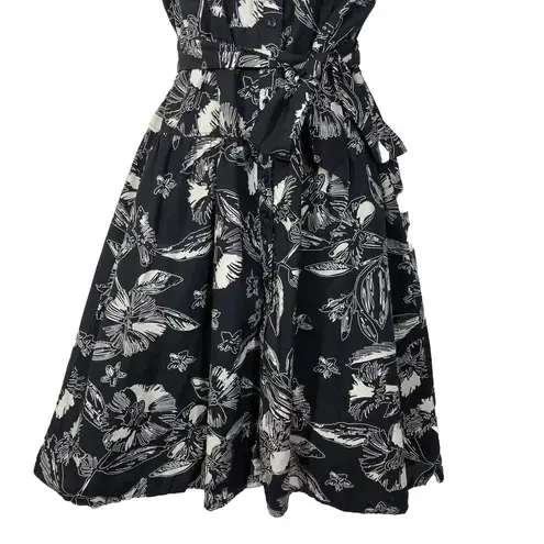 Merona  Floral Collard Midi Dress Medium Black White Large Full Skirt