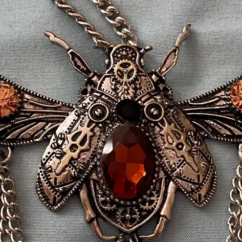 22” Necklace Silver Tone Beetle Pendant 4.5”W Stones Steampunk Goth Gothic