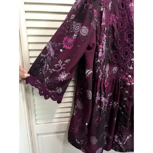 Roaman's Plum/Pink Paisley Chiffon V Neck Crochet Button 3/4 Sleeve 16W Pleated Purple