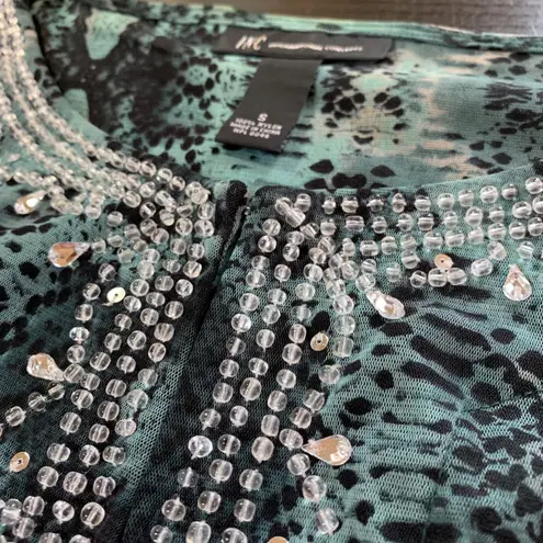INC Sheer Snake Print Tunic Top Beaded Neck Teal Black Small Nylon Mesh Blouse Blue