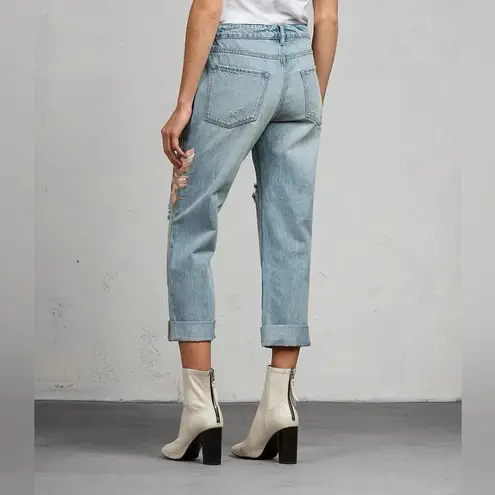 ALLSAINTS Alana Embroidered Bird Distressed Boyfriend Jeans in Blue/Pink Size 26