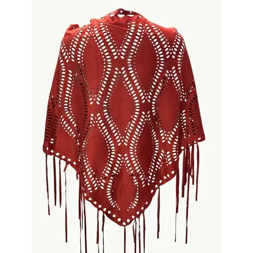 Bohemian Red Laser Cut Fringe Shawl 65 inch Full Shoulder Brown