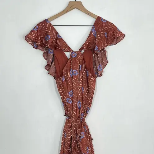 Anthropologie Wrap Maxi Dress Women's Size Medium Brown Floral Ruffle Sleeve