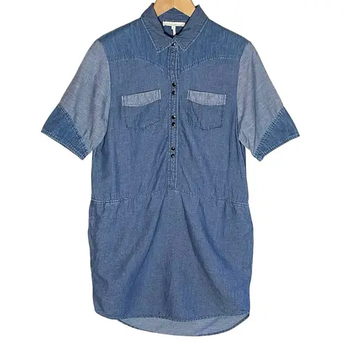 Maje Women’s Mixed Chambray Blue Pearl Snap Front Western Mini Dress