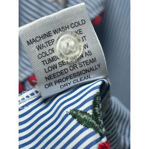 Grand & Greene Blue Striped Cold Shoulder Embroidered Floral Top