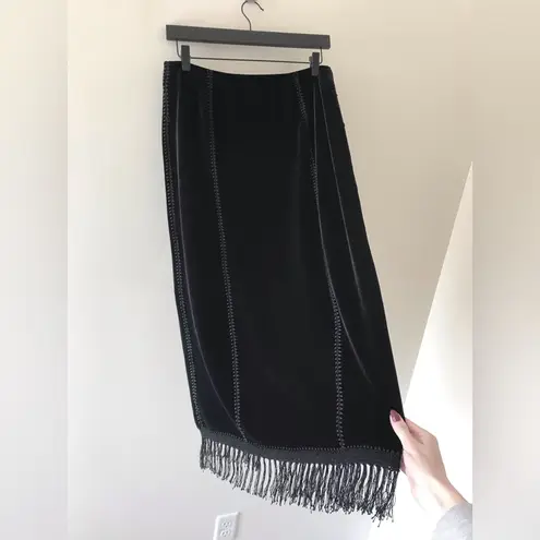Sophie Chang Velvet Tassel Midi Skirt, Goth Vintage Black Size M