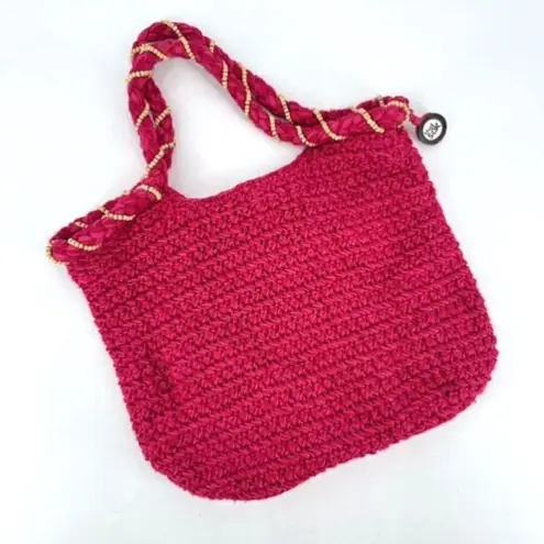 The Sak Women's Beaded Wrapped Handle knit Crochet Hobo Shoulder Bag Pink Small