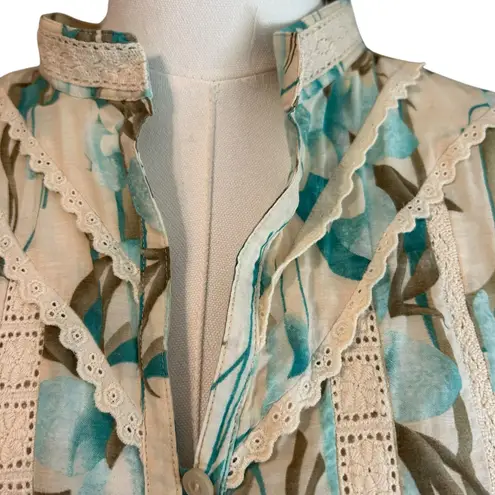 Nygard Collection Silk Blend SZ 12P Crochet Tie Back Cap Sleeve Boho Chic Floral Blue Size M