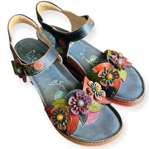 Navy L’artiste Floral Wedge Sandals | Size 10 | hand painted leather shoes Blue