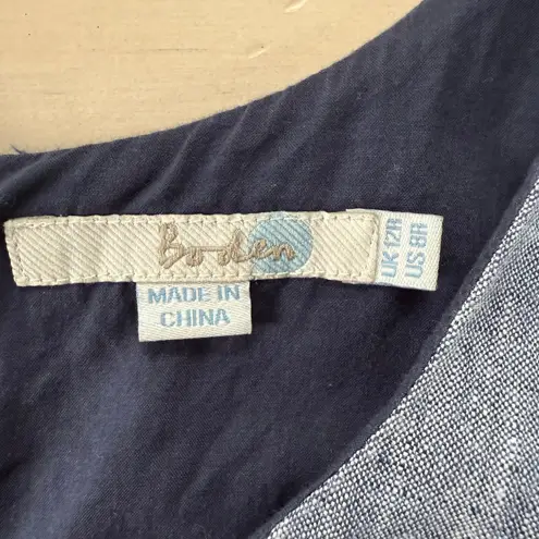 Boden 100% Linen Chambray Embroidered Fit & Flare Sun Dress Sleeveless, Size 8 Blue