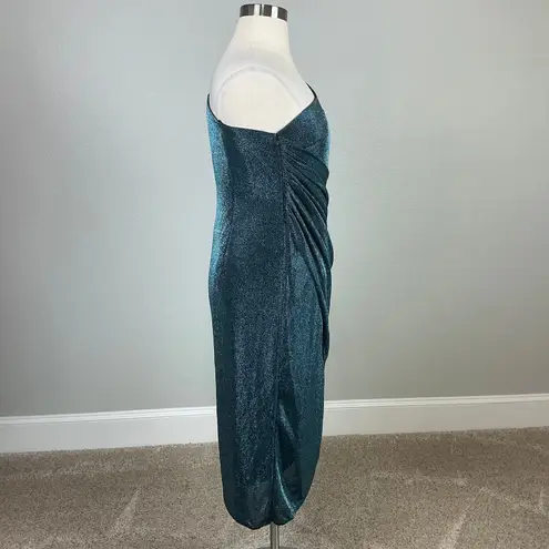 Aidan Mattox Metallic One Shoulder Midi Sheath Cocktail Dress Teal Green Size 14