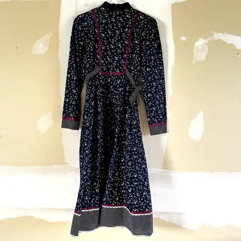 Gunne Sax Vintage 1970 Prairie Midi Dress Floral Lace Trim Cotton Blue White 5 S