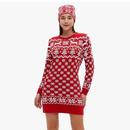 Women’s Christmas Holiday Sweater Dress and Beanie Size L Red Size L