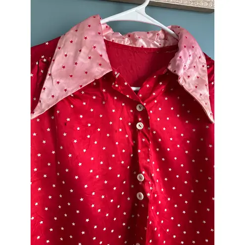 Vintage 50s Pink and Red Heart Satin Button Down Long Sleeve Blouse Size M