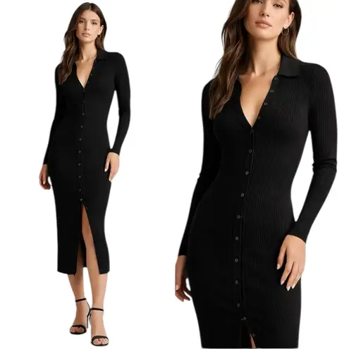 Wilfred Aritzia - Cove Ribbed Button-Front Midi Black Dress Sz S