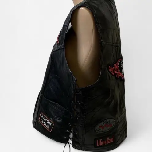 Women's Diamond Plate Black Leather Biker Vest with Patches Sz Large