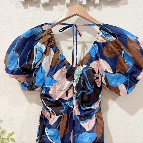 Greylin Fannie Plunge Neck Gathered Cotton Mini Dress Navy Multi NWT