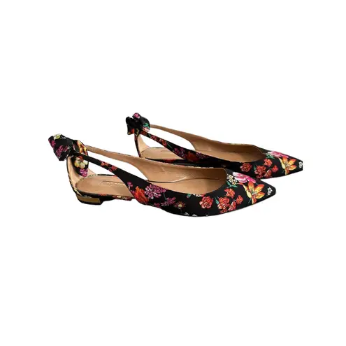Aquazzura Bow Tie Floral Ballet Flats Size 36 Multicolor Pointed Toe Black