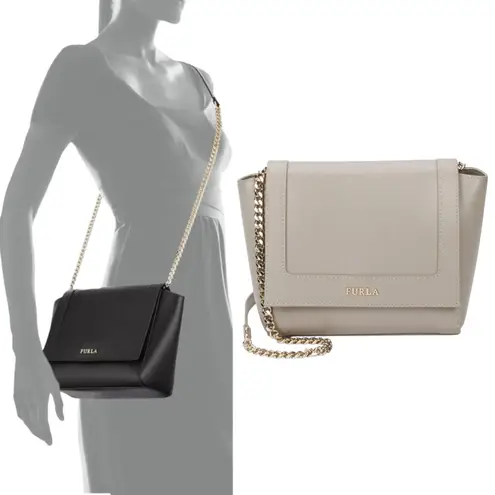 Furla Ginevra Leather Mini Crossbody Bag Sabbia Beige Gray Gold Chain