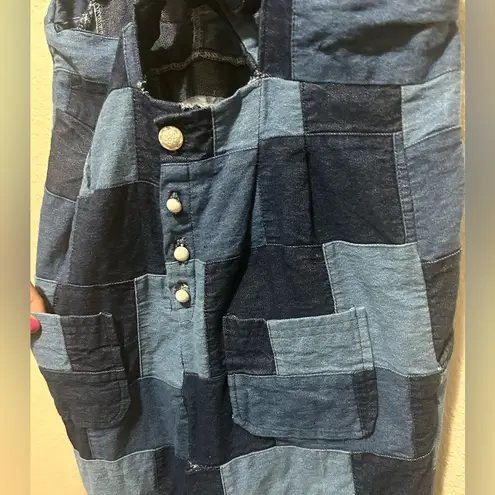 One of a Kind Patchwork Denim Overalls β Medium Petite Cropped Jean Jumpsuit Blue Size undefined