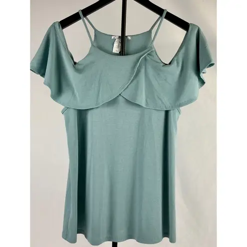 NOUVIDA Ruffle Cold Shoulder Tank Top Ribbed Knit Sleeveless Blouse Casual Blue Size M