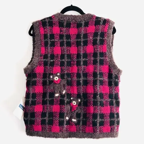 BellePointe Vest M NWT Teddy Bear Vintage Brown Grandma Retro Plaid Embroidered Size M