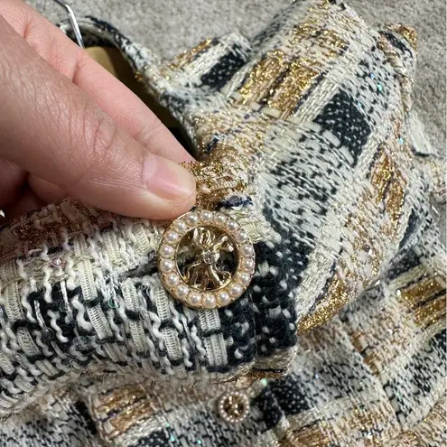 NWT Lulus Uniquely Posh Beige Tweed Sequin Lurex Short Sleeve Mini Dress Size L Gold Size L