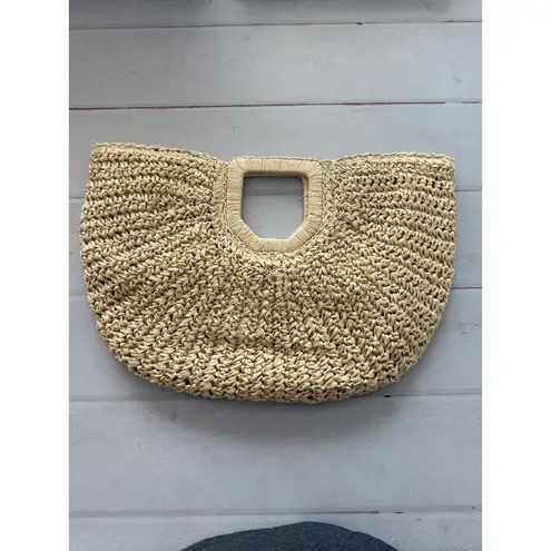 Woven Straw Half Moon Clutch Bag with Square Handle