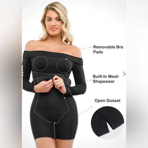 Popilush Women’s Black Shapewear Long Sleeve Off the Shoulder Mini Dress Sz L Size L