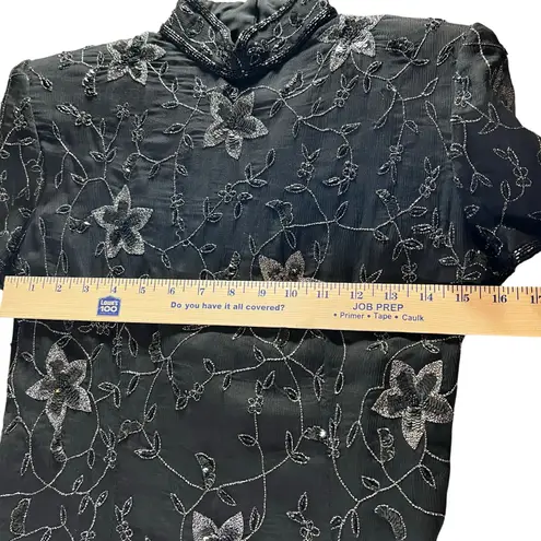 Papell Boutique top women’s size Medium black Indian beaded silk floral VTG 80