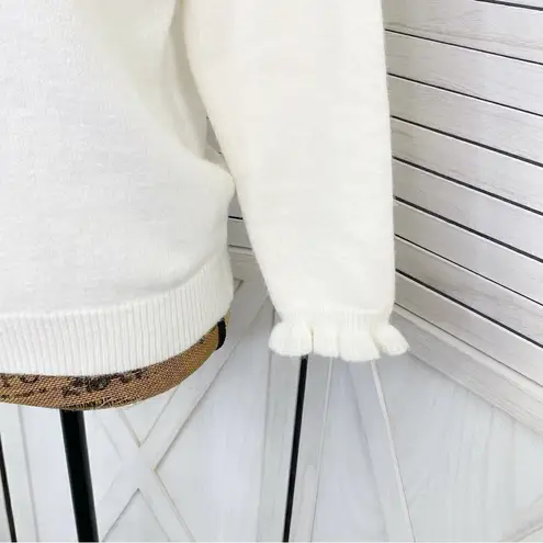 C+D+M Ruffle Trim Half Button Pullover Sweater Ivory Small Coquette Victorian White