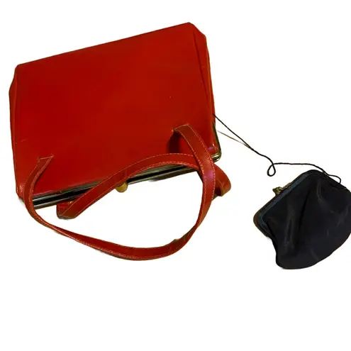 VINTAGE CIRCA 1960’S JANA RED LEATHER KISS LOCK SATCHEL BAG W/CHANGE PURSE