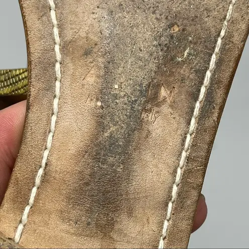 Aerin golden peddle leather t strap sandals with fish scale gem designs 6.5