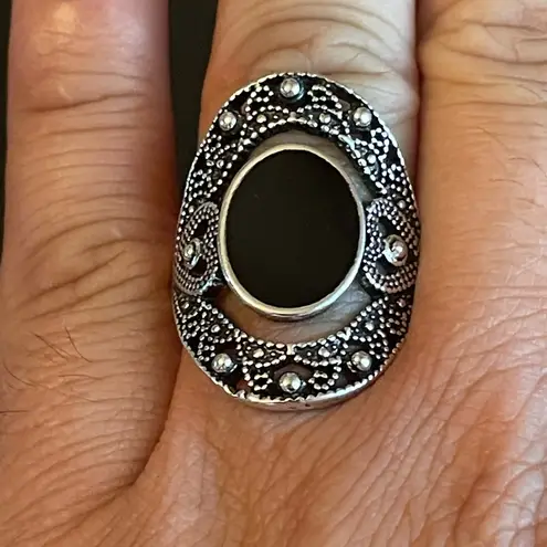 Black obsidian S925 antique silver statement ring