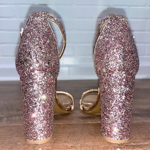 Shoe Land  Rose Gold Glitter Strappy Block Heels