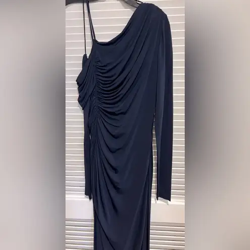 Jason Wu Navy Blue Long Sleeve One Shoulder Draped Ruched Cocktail Dress 6 NWT