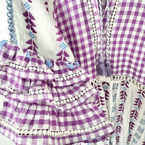 The Bar DODO OR Gingham Broderie Anglaise Cotton Gauze Purple Tassel Midi Dress Sz S