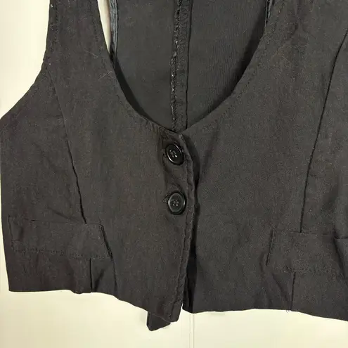 Vintage Y2K Lipsy Black Button Front Mini Cropped Stretch Low Cut Vest Top L Size L