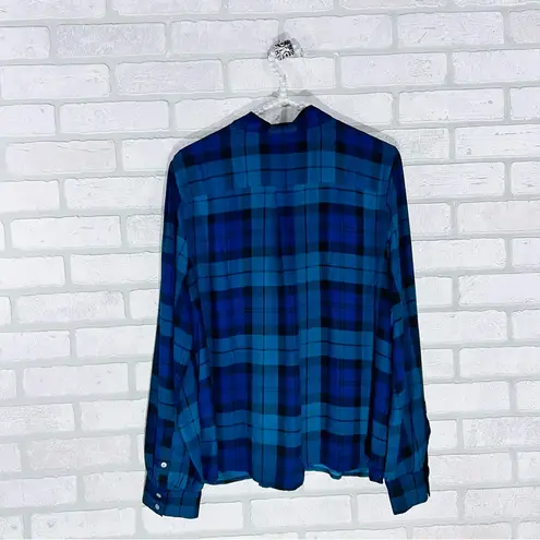J. Crew Factory Black Watch Plaid Bow Neck Button Front Blouse Size XL Blue