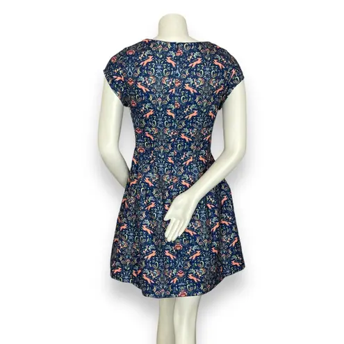 Pink Martini Dress Fox Print Blue Floral A-Line Lined Small Women Cap Sleeves
