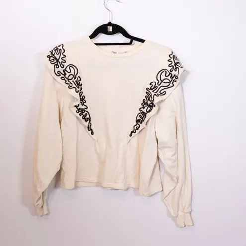 Zara Cotton Terry Lined Embroidered Applique Ruffle Crew Neck Pullover Sweater S