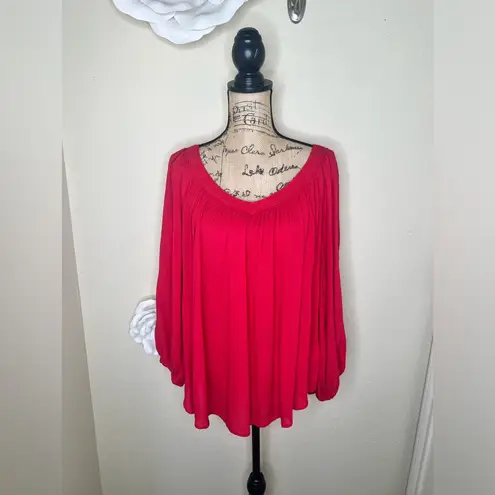 Maeve NTM: by Anthropologie Red Boho Flowy Tunic Blouse Long Sleeve V-Neck