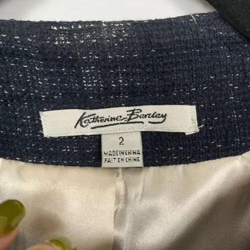 Katherine Barclay Navy Blue Tweed Cotton Linen Lined Blazer Jacket Size 2 Chic